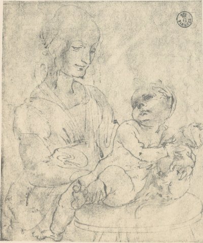 De Maagd en het Kind dat een kitten streelt, tekening van Leonardo da Vinci bewaard in de Uffizi door Leonardo da Vinci